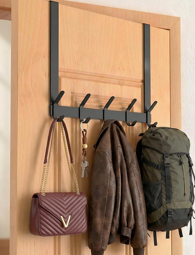 Long Over The Door Hooks Hanger with 15.75" Arms for Easier Access by Shorter, J16U, Perfectly Fits US Standard 1 3/8-inch Doors, Towel Rack Bathroom Organizer Holder, Rustproof, Black
