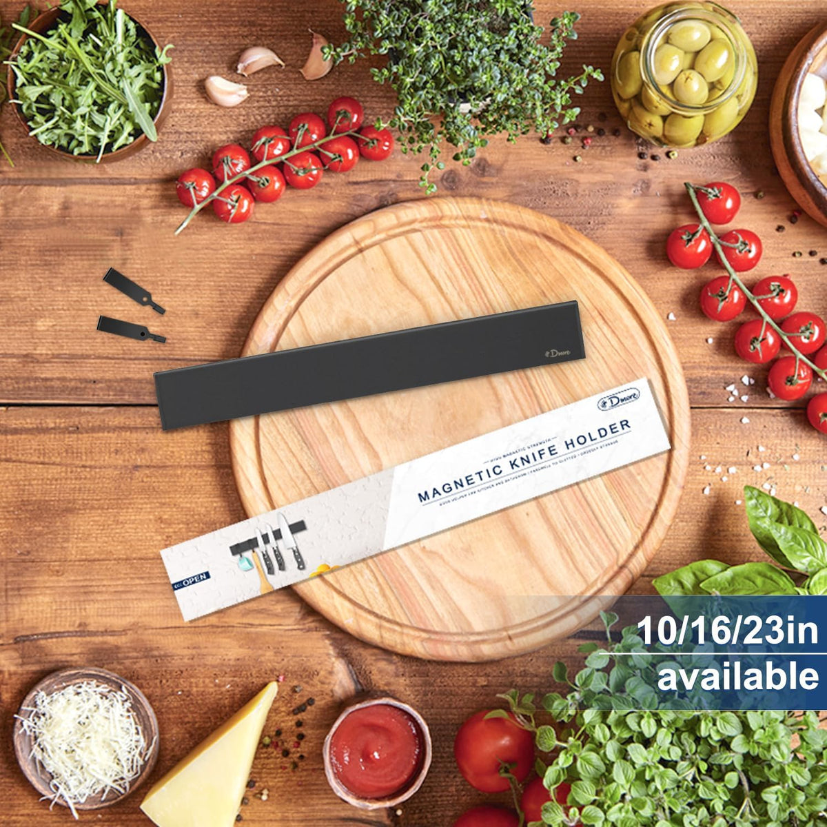 Dmore magnetic knife holder for wall—with 2 hooks, No Drilling 12 Inch black knife magnetic strip, Powerful knife magnet rack, include Adhesive Tape and screws for Knives, Utensils, and Tools