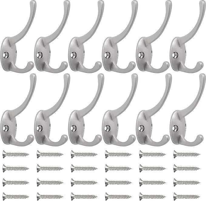 IBosins 12 Pack Silver Coat Hooks Wall Mounted with 24 Screws Retro Double Hooks Utility Silver Hooks for Coat, Scarf, Bag, Towel, Key, Cap, Cup, Hat