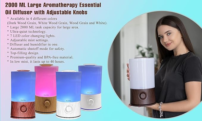 BlueHills Large Essential Oils Diffusers for Large Rooms Set of 2 2000ML Capacity Models Adjustable Cool Mist Output Options – Value Pack of White and White Wood Grain