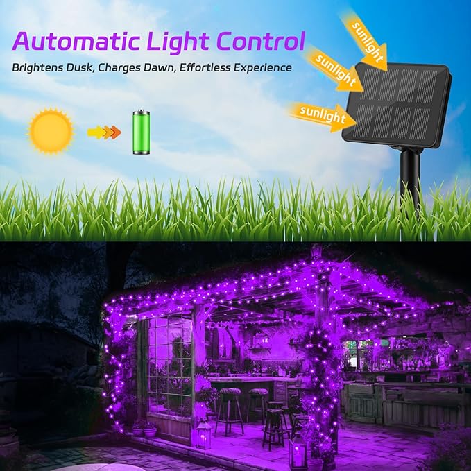 Solar Fairy Lights Purple Outdoor Waterproof, 16.4ft 50LED Halloween String Lights for Outside, 8 Modes, 2 Packs for Patio Backyard Garden Decorations