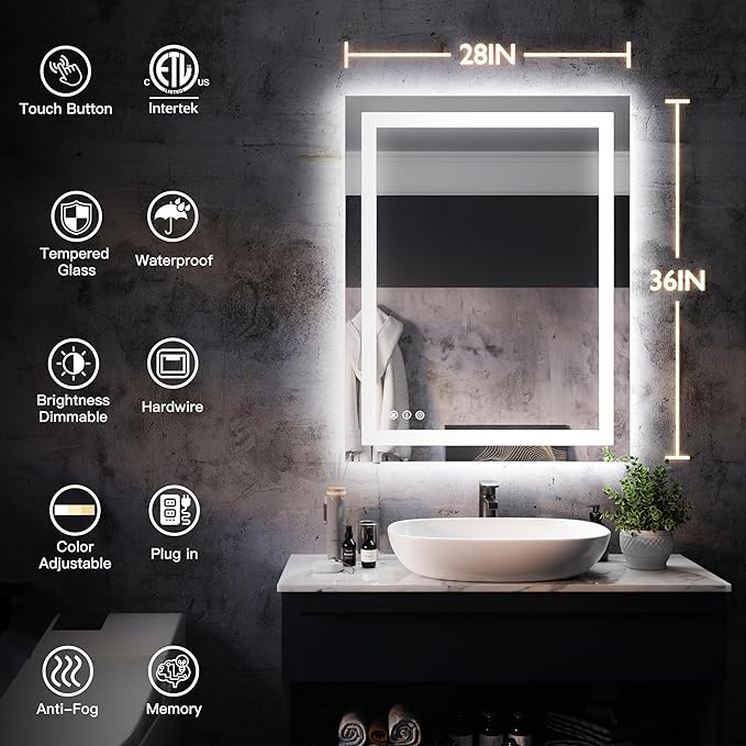 ISKM 36'' x 28'' LED Mirror for Bathroom Lighted Vanity Mirror for Wall Front Lights + Backlit LED Bathroom Mirror Anti-Fog Tempered Glass ETL Listed