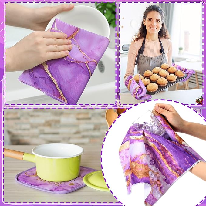 Fourluoo 10 Pcs Kitchen Dish Towels Rugs Oven Mitts and Pot Holders Kit Farmhouse Kitchen Decor Set Gloves Vintage Potholders for Baking Cooking Chef(Purple,Modern)