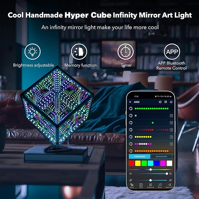 Infinity Hyper Cube LED Light LED Controller with Stand, Controller & Sound & App Reactive Table Lamp - Cool & Creative Multicolor Decorative Mirror Art Desk Night Light (8.2 Inches)