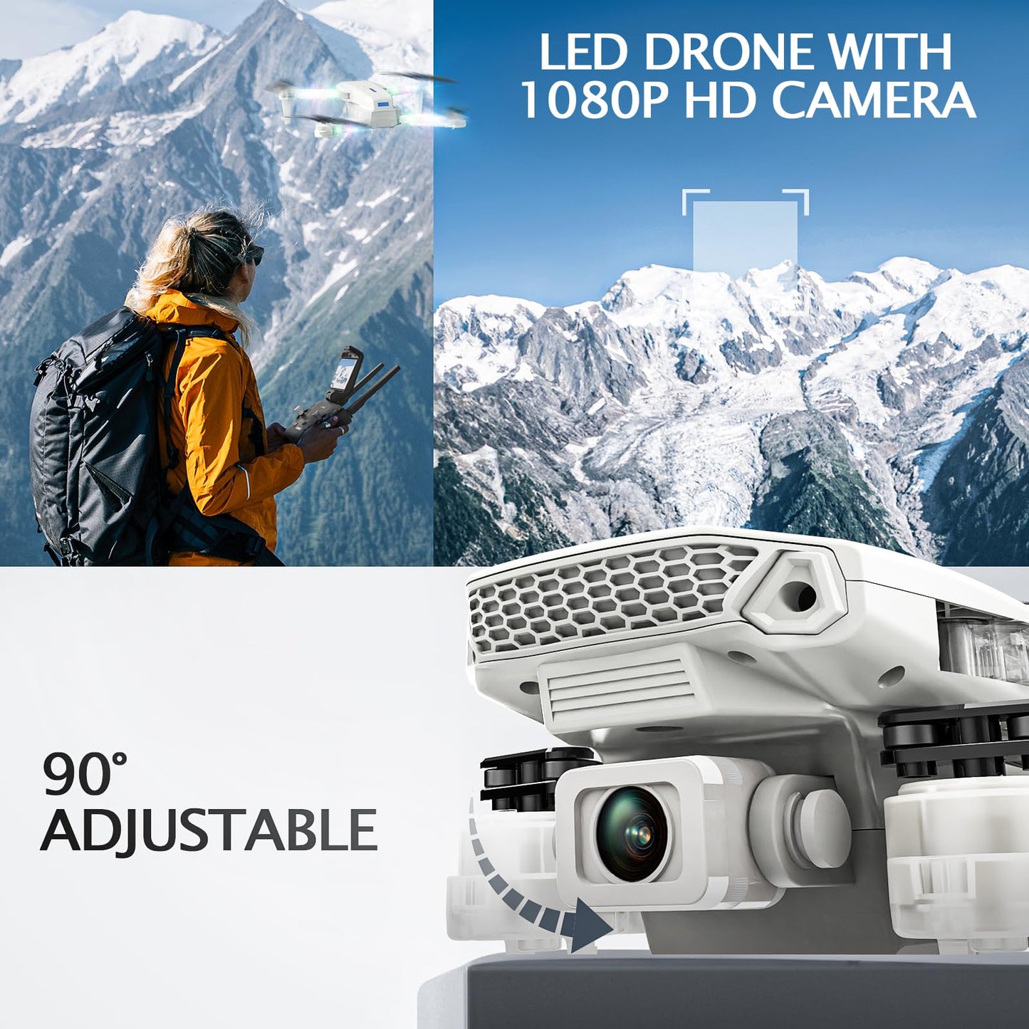 Drone with Camera 1080P HD - Foldable FPV Mini Drones with LED Lights for Adults Kids and Beginners, Toys Gifts RC Quadcopter with One Key Take Off, 3D Flips for Boys Girls with 2 Batteries, White