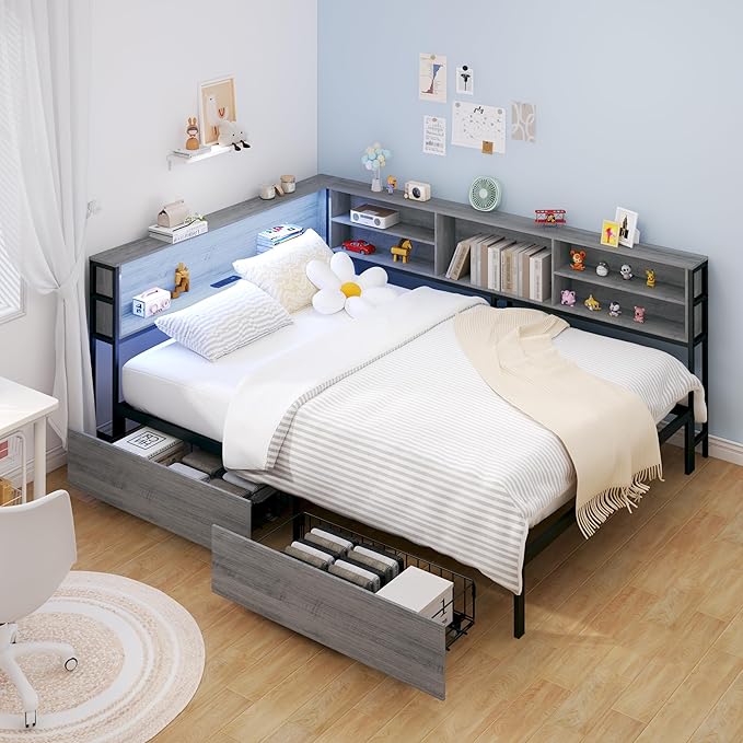Corner Bed Frame Full with Storage, L Shaped Daybed for Kids,Full Corner Bed with Drawers, Shelves, RGB LED Lights & Charging Station, Sturdy Metal Kids Full Bed for Girls Boys,Gray
