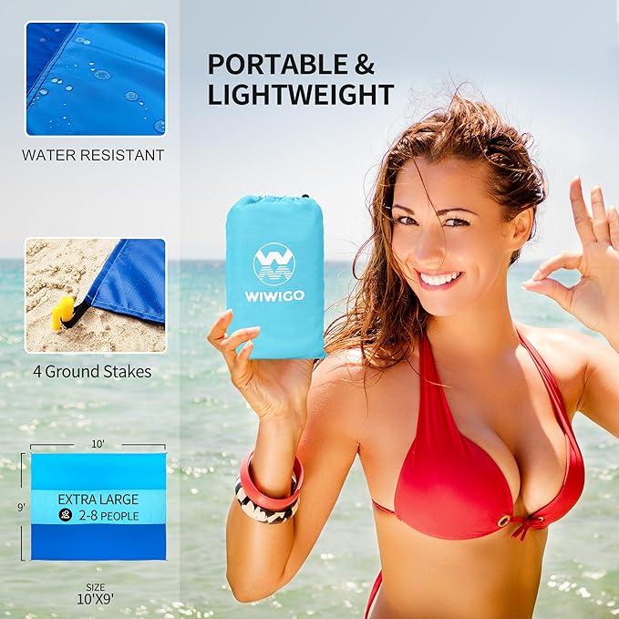 Beach Blanket Waterproof Sandproof Beach Mat 79" X 83" /10'x9'for 2-8 Adults Quick Drying Outdoor Picnic Mat Beach Accessories for Travel, Camping, Hiking