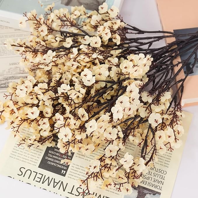 Uieke 15 Pcs Artificial Flowers Baby Breath Faux Champagne Artificial Gypsophila Bouquet Fake Silk Flowers Real Touch for Home Office Kitchen Wedding Wall DIY Room Farmhouse Décor