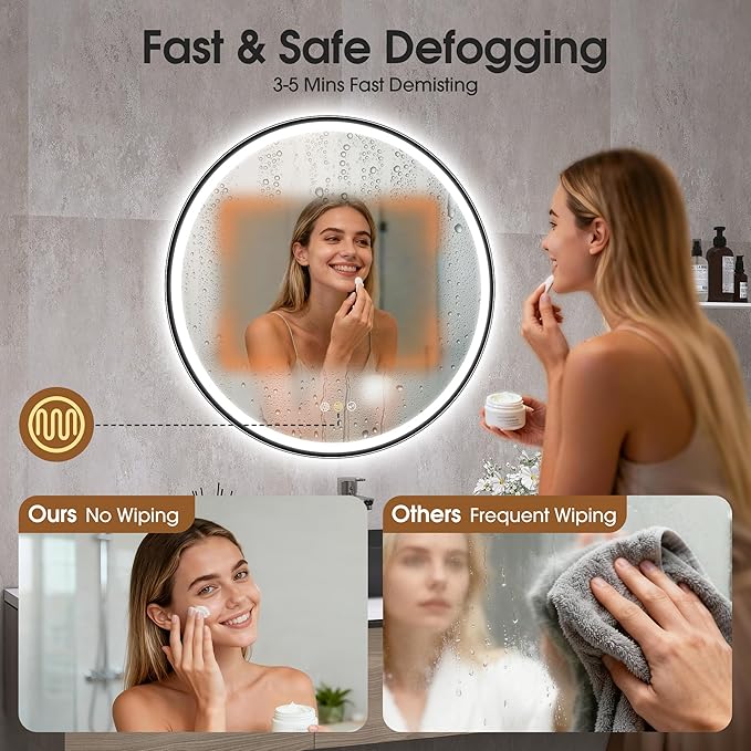 STARLEAD 28" Black Frameless Round LED Bathroom Mirror with Bluetooth Speaker, Dimmable Lighting, 3 Color Modes, Anti-Fog, Touch Control Wall Mounted Vanity Mirror