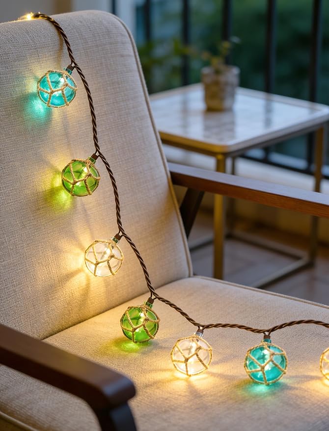 8.5Ft Nautical Fishing Float String Lights, Plug in Beach Themed Buoy Lights Set of 10 LED Tiki Bar Lights Indoor Home Decor and Outdoor Patio Decorations-Blue/Green/White