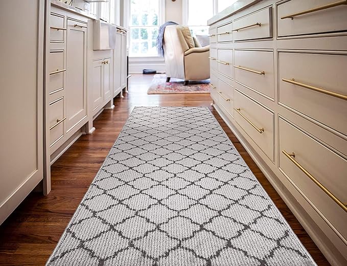 Custom Size Modern Runner Rug Carpet for Hallway Entryway Foyer Kitchen, Slip Resistant Latex Rubber Backed 31 inch Wide X Customized Length, Trellis Grey, 31 inch X 23 feet