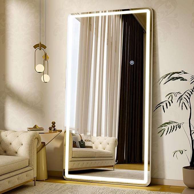 76"x34" LED Full Length Mirror – Standing Floor Mirror with Dimmable Lights 3 Color Modes – Adjustable Brightness, Wall-Mount or Lean for Barber, Fitness Center, Dressing Room, Vanity