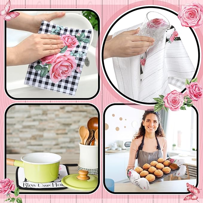 Fourluoo 10 Pcs Kitchen Set Kitchen Towels and Rugs Oven Mitts and Pot Holders Farmhouse Decor for Women Mom Gift Cooking Baking Grilling