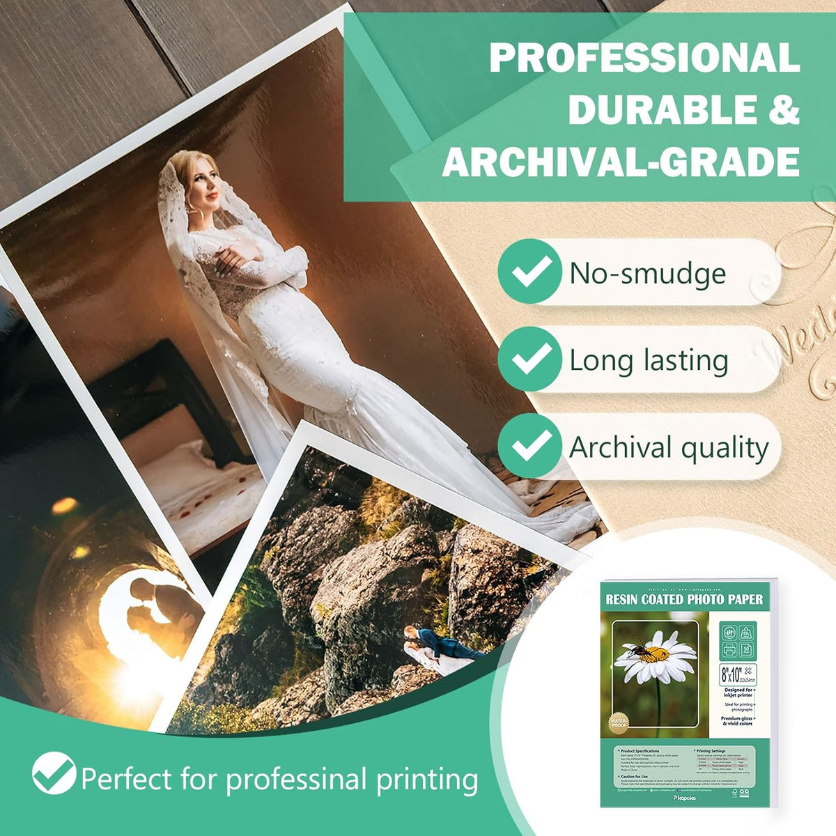 Ultra-Premium Glossy RC Photo Paper, Professional and Heavyweight Metallic Resin Coated Photo Paper, Pigment and Dye Inkjet Printer Suitable, Waterproof, 8x10, 50 Pack