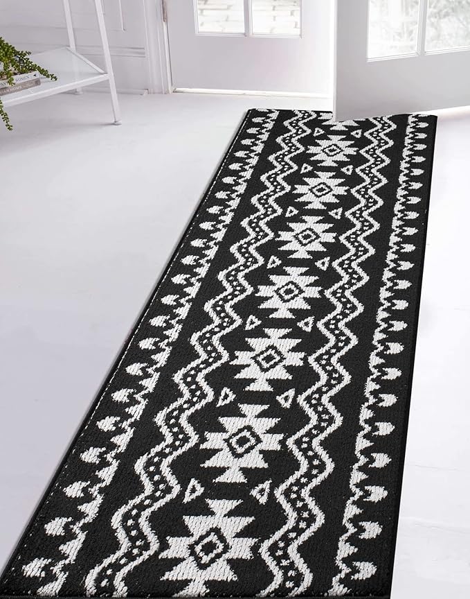 Custom Length Cut to Size Tribal Ethnic Southwestern Inspired Hallway Runner Rug, Non Slip Rubber Backed, 31 inch Wide X Customized Length, Aztec Black, 31 inch X 30 feet
