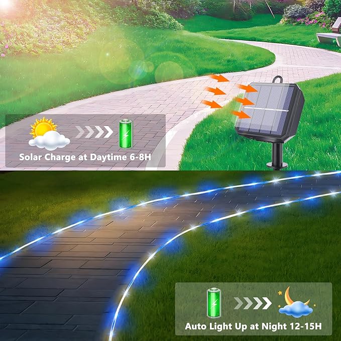 Solar Rope Lights, 2 Packs Total 132ft 400LED Solar String Lights, 8 Modes Waterproof Solar Powered Outdoor Light, Flexible Clear Tube Light for Garden Yard Patio Deck Porch Tree Xmas Decor-White&Blue