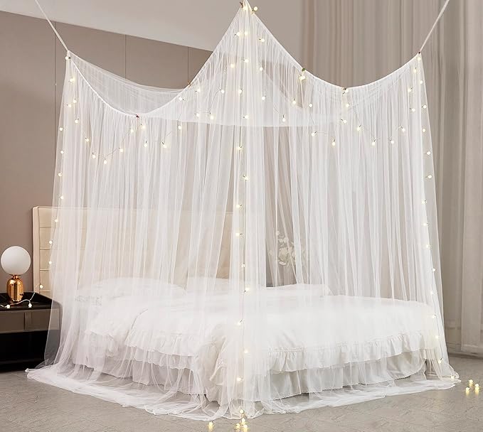 Mengersi Bed Canopy with Lights for Full Queen King Size Bed,4 Corner Post Bed Drapes Canopy for Bed,Canopy Bed Curtains Elegant Bedroom Decoration Accessories(White+Lights)