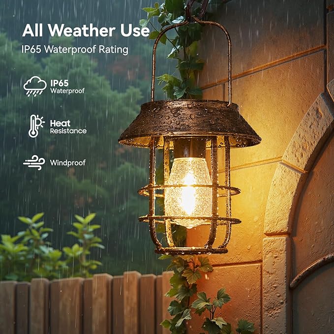 Solar Lanterns Outdoor Waterproof, High Brightness Hanging Solar Lights for Outside with Wall Hooks, Retro Metal Outdoor Lanterns Auto On/Off for Porch, Patio, Yard Decor 4 Pack