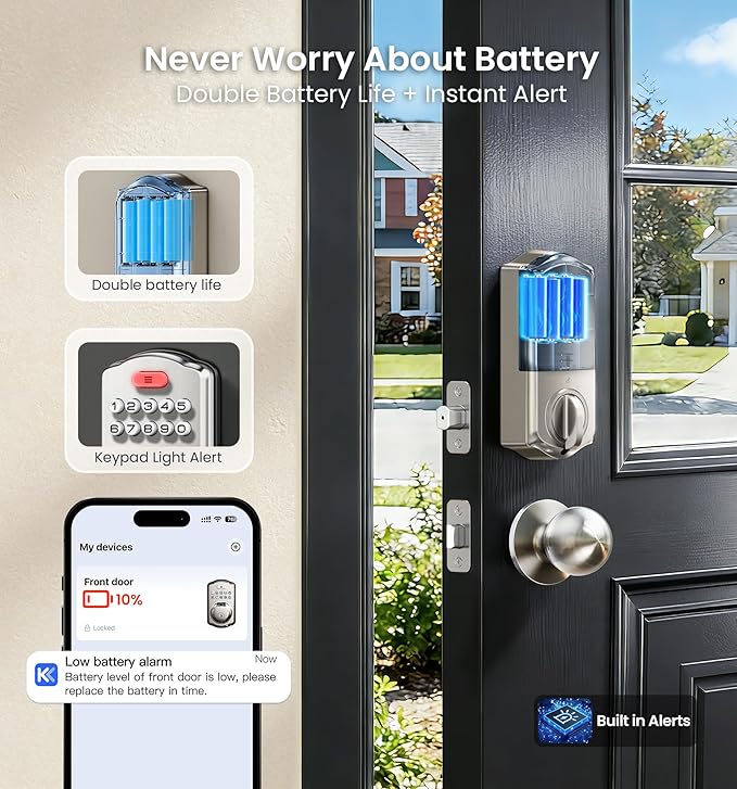 Veise VE012W-K Built-in WiFi Fingerprint Smart Lock with 2 Knobs, No Hub Needed, Remote APP Control, Keyless Entry Door Lock, Smart Deadbolt for Front Door, Auto Locking, Satin Nickel
