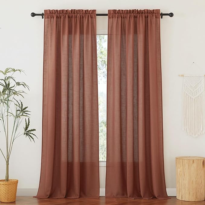 RYB HOME Terracotta Curtains Linen Blend Fall Drapes Semi Sheer Light Filtering Privacy Protected Window Curtains for Living Room, Bedroom, Home Office, Doorway, W 52 x L 84, 2 Panels Set
