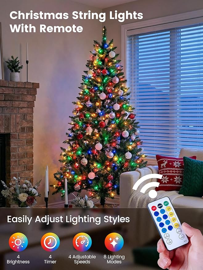 Hopolon Christmas String Lights Outdoor, 33 FT 100 LED Extendable Green Wire Twinkle Lights with Remote, 8 Modes Waterproof Fairy Light Plug in for Xmas Tree Wedding Party Patio Indoor (Multicolor)