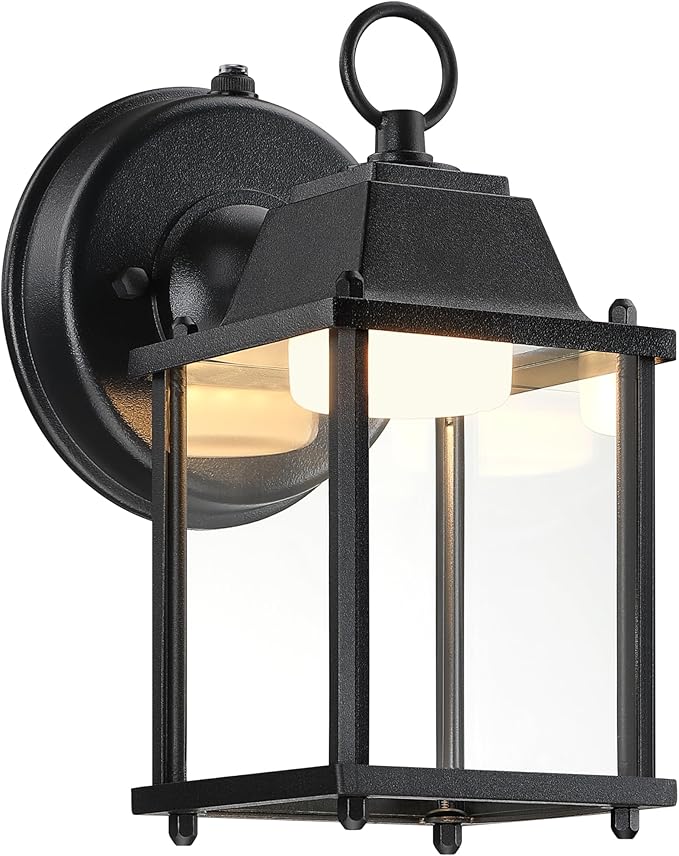 LIT-PaTH Small Outdoor LED Wall Lantern with Dusk to Dawn Photocell, 3000K Warm White, 9.5W, 800 Lumen, Aluminum Housing Plus Glass, Outdoor Rated, 1-Pack, Black