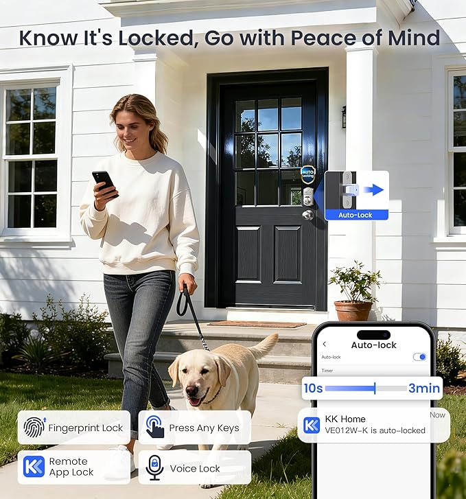 Veise VE012W-K Built-in WiFi Fingerprint Smart Lock with 2 Knobs, No Hub Needed, Remote APP Control, Keyless Entry Door Lock, Smart Deadbolt for Front Door, Auto Locking, Satin Nickel