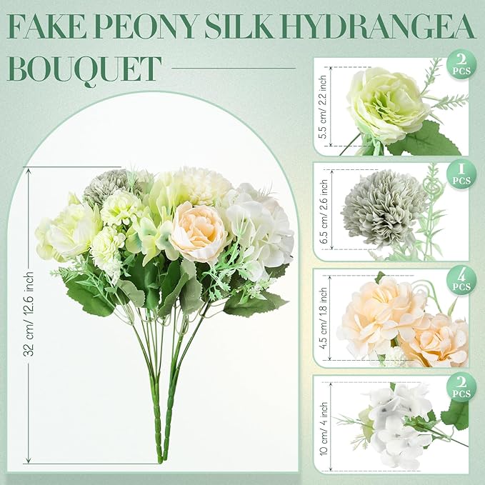 Tigeen Artificial Flowers Artificial Peonies Silk Flowers Faux Peony Fake Peony Silk Hydrangea Bouquet for Wedding Table Centerpiece Floral Vase Decor (White,Green,12 Bundles)