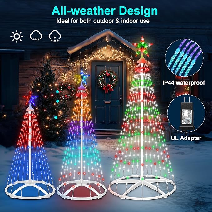 3 Pack Smart Christmas Cone Tree Lights App Controlled, 4FT 5FT 6FT RGB Color Changing Christmas Trees Music Sync, Goup Control, Magical Xmas Tree Lightshow for Yard Indoor Outdoor Christmas Decor