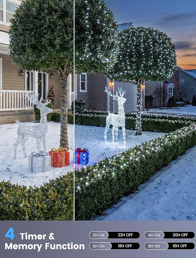 Hopolon White Christmas Lights Outdoor, 33 FT 100 LED Connectable Christmas Tree Lights Green Wire with Remote, 8 Modes Waterproof Plug in Twinkle String Light for Indoor Wedding Party Xmas Decor
