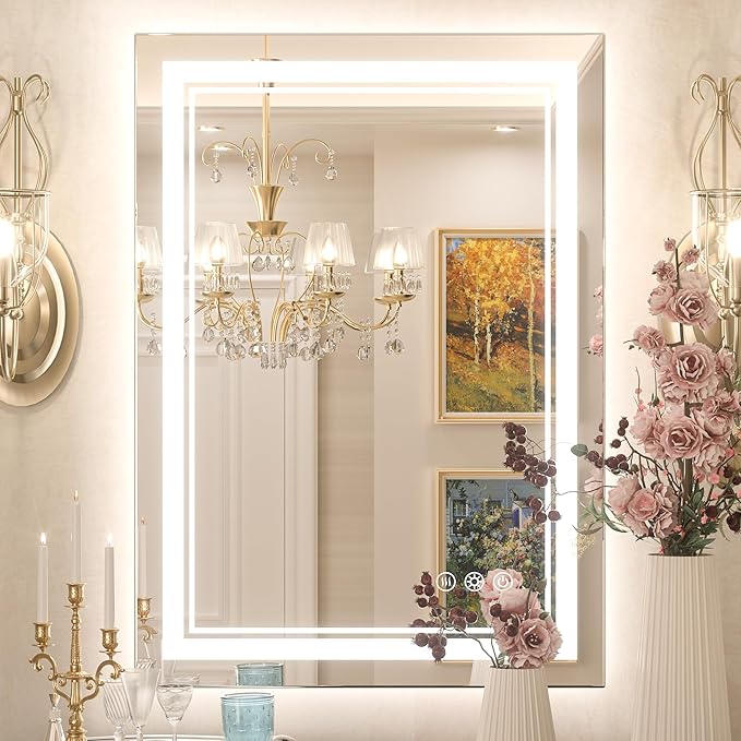 Keonjinn LED Mirror for Bathroom 20" x 28" with Frontlit and Backlit, Stepless 3 Colors Temperature & Dimmable, Double Light Strips, Tempered Glass, UL Listed LED Driver, Anti fog Frameless LED Mirror