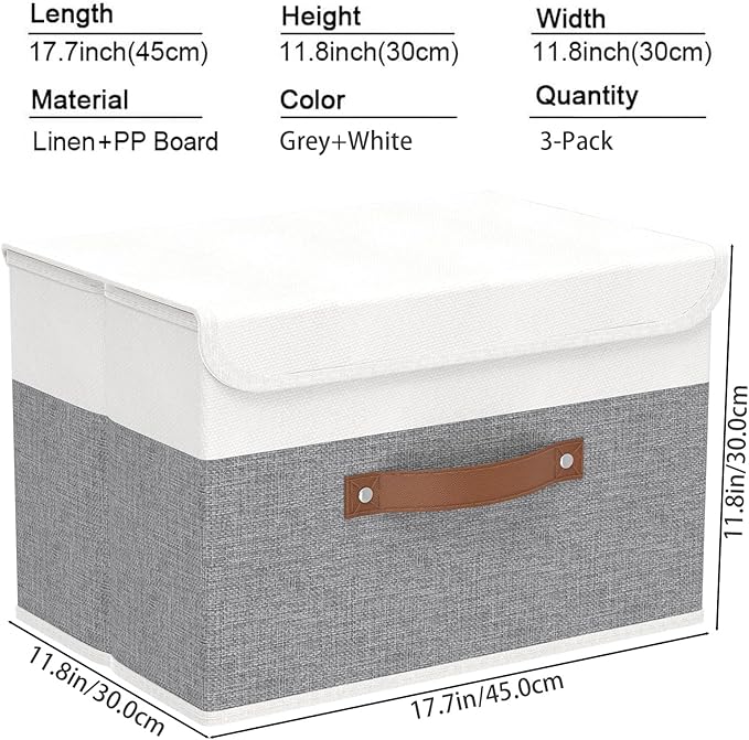 Yawinhe Storage Bins with Lids, Fabric Foldable Boxes, Washable and Leather Handle, Cube Organizer Basket for Home, Closet, White/Grey, 17.7''Lx11.8''Wx11.8''H, 3-Pack, USNK024WGX-3