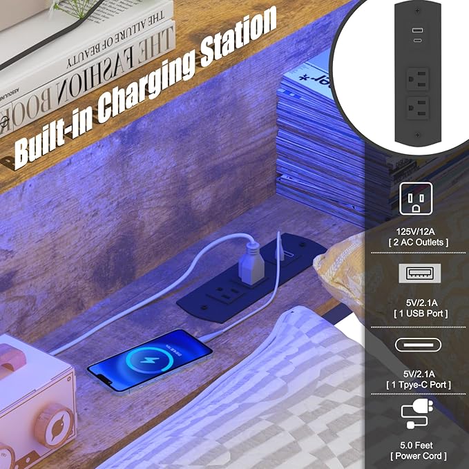 Corner Bed Frame Twin with Storage, L Shaped Daybed for Kids, Twin Corner Bed with Drawers, Shelves, RGB LED Lights & Charging Station, Sturdy Metal Kids Twin Bed for Girls Boys,Brown