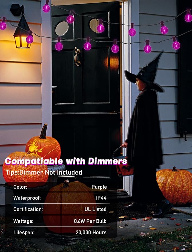 SUNSGNE G40 LED Purple Lights Outdoor, 25 Feet Halloween Purple String Lights with 25 Count Bulbs for Halloween Thanksgiving Indoor Outdoor Party Festival Haunted House Decor