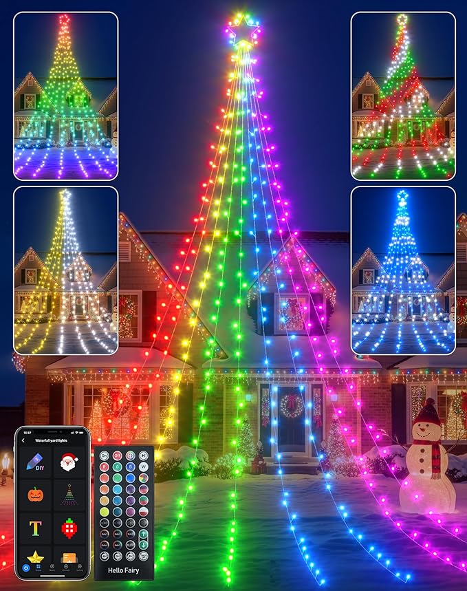 Smart Valentine's Lights Outdoor - 16.5ft App Controlled Color Changing LED Star String Lights with Music Sync, Custom Text & Pattern Design, 100+ Effects, Waterfall Star for Yard, Garden, Home Decor