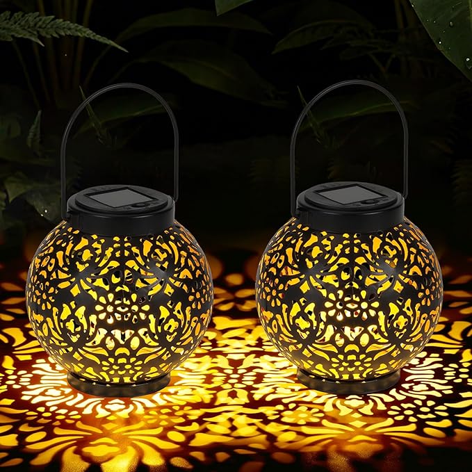 Homemory 2 Pack Solar Lanterns Outdoor Waterproof Hanging Lantern Decorative Outside Lights for Pathway, Patio, Backyard, Porch, Lawn (Black)