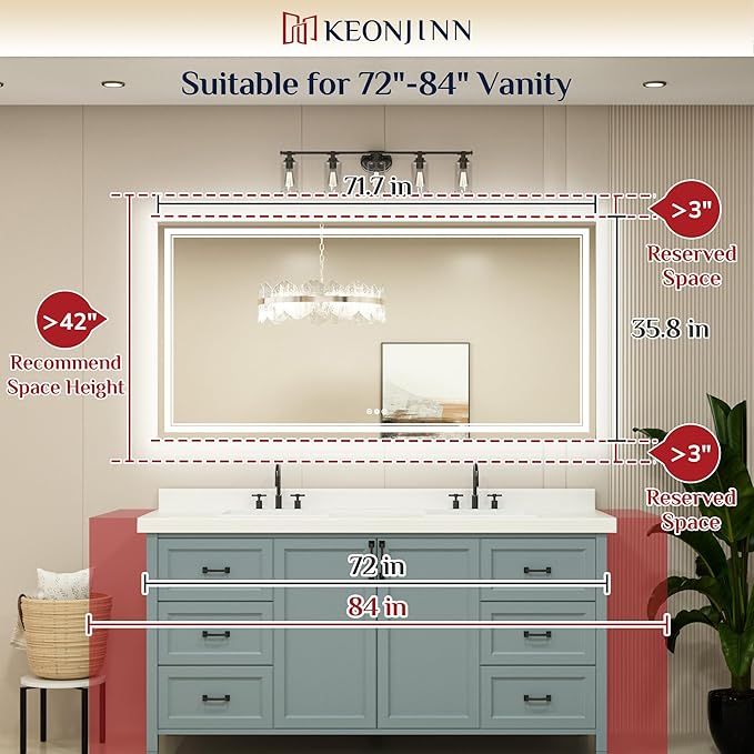 Keonjinn LED Bathroom Mirror 72" x 36" with Backlit and Frontlit, Tempered Glass Stepless 3 Colors Temperature & Dimmable Large Vanity Mirror, UL Listed LED Driver, Double Lights Anti-Fog Wall Mirror