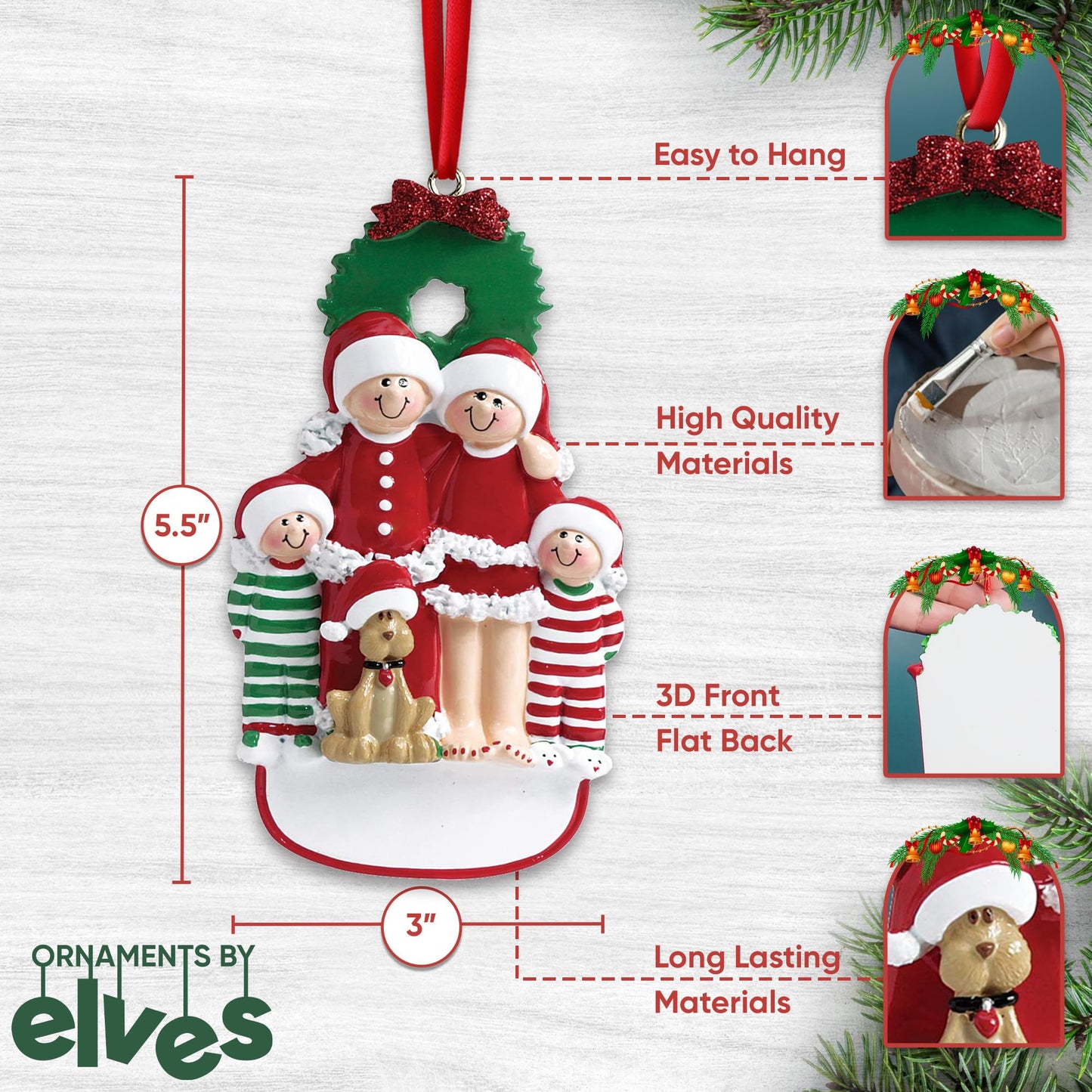 Personalized Family Christmas Ornaments - Custom Family of 4 Ornaments with Dog