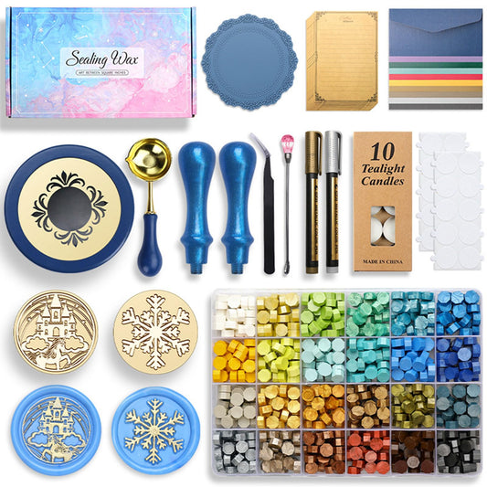 Wax Seal Stamp Kit, 24 Colors and 600 Pcs Beads with Gift Box, Sealing Wax Warmer, Stamp, Spoon and Metallic Pen, for Spring Gift and Decoration (Green Series)