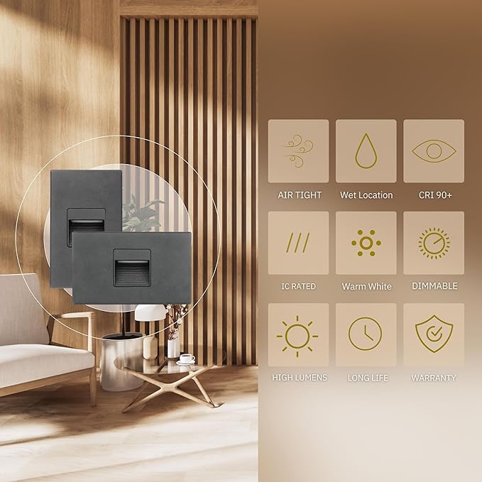 2W LED Universal (Vertical-Horizontal) Step Lights, Black Finish, 120V LED Stair Lights Indoor and Outdoor, 125 Lumens, CRI 90+, Wet Location IP-65, IC Rated, ETL Listed, Warm White 3000k