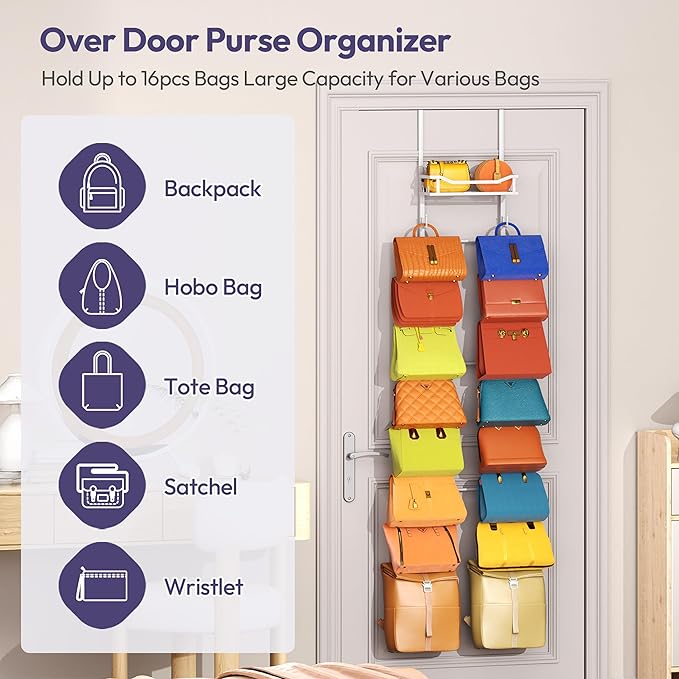 SWTYMIKI Over The Door Purse Organizer - Wall Mounted Purse Rack with 16 Hooks and Metal Basket, Hanging Handbag Storage Organizer Holds up to 16 Bags, Bag Rack Can Use As 1/2 Part, for Door, Closet