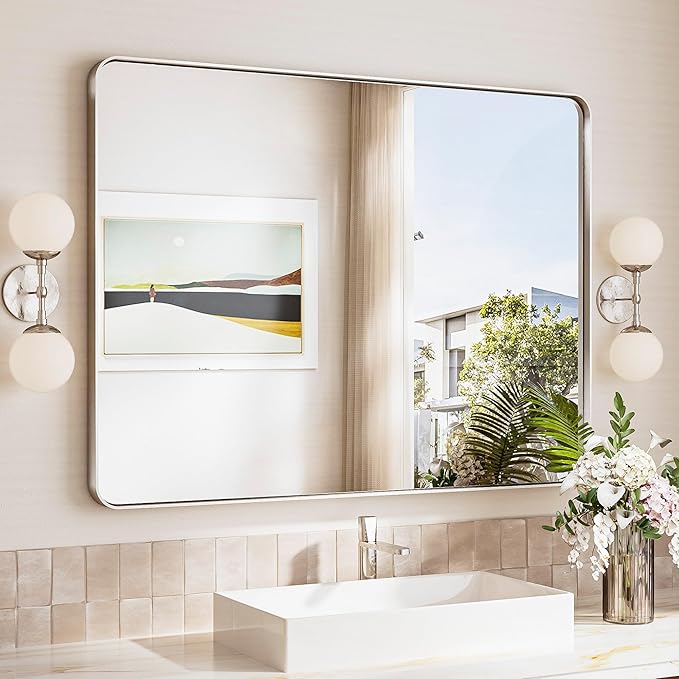 TokeShimi Brushed Nickel Bathroom Mirror,40x30 Large Bathroom Mirror Rectangle,Aluminum Vanity Mirror Bathroom Wall with Tempered Glass,Modern Mirror Framed(Horizontal/Vertical)