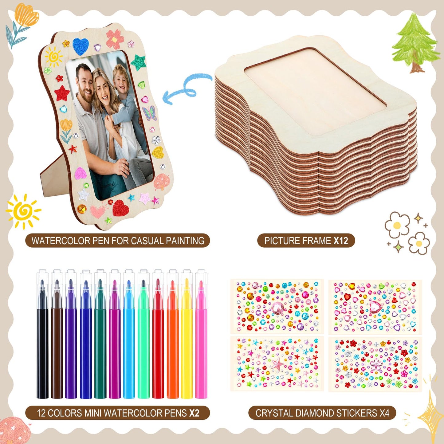 Yalikop 12 Pack Wooden Picture Frames Painting Craft Kit with Stickers DIY Wood Craft Picture Frames Bulk for 4" x 6"" Photos Unfinished Standing Photo DIY Crafts for Birthday Mother's Day Gift"