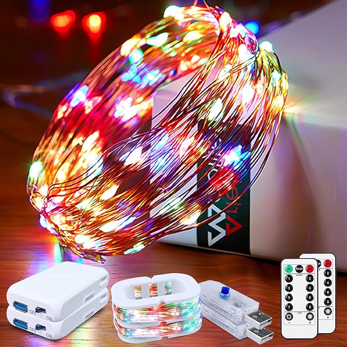 50LED Fairy Lights USB & Battery Powered 2Pack, 16FT Mutilcolor Fairy String Light with 8 Mode & Timer, Cuttable Copper Wire Waterproof Twinkle Light Indoor Outdoor for Bedroom Wedding Christmas Decor