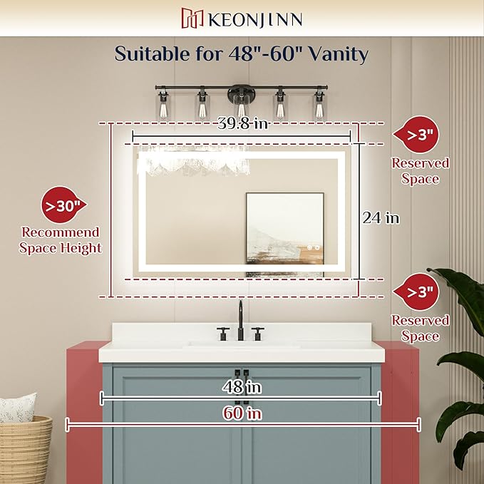 Keonjinn 40" x 24" Lighted Mirror for Bathroom Wall, LED Bathroom Mirror with Lights, Frontlit & Backlit Mirror with Dimmable 3-Color Temperature, HD Tempered Glass, UL-Listed LED Driver