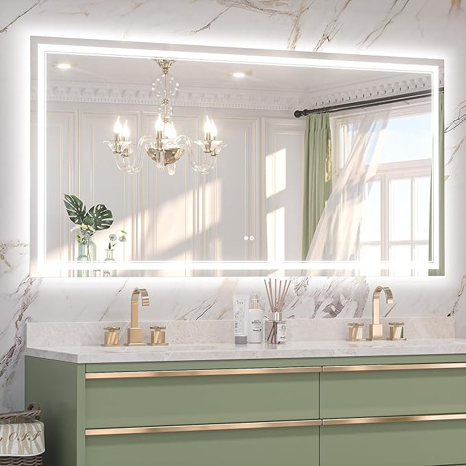 Keonjinn 72" x 36" LED Mirror with Frontlit & Backlit, Lighted Bathroom Mirror, HD Tempered Glass, Stepless Dimmable 3 Color Lights, Safe Defogger, UL-Listed, Oversized Light Up Bathroom Vanity Mirror