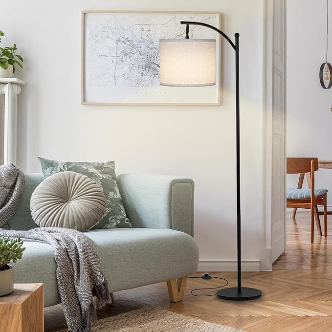 Modern Floor Lamp, 3-Ways Dimmable Standing Lamp with Linen Shade, Adjustable Height, Foot-Step Switch, Reading Lamp for Living Room, Bedroom, Office, 9W Bulb Included (Black)