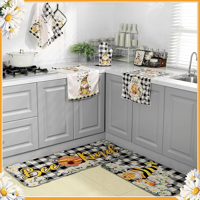 Fourluoo 10 Pcs Bee Kitchen Decor Set 4 Kitchen Towels 2 Pot Holders 2 Oven Mitts 2 Rugs Daisy Decorations for Cooking Baking Mom Housewarming Gifts