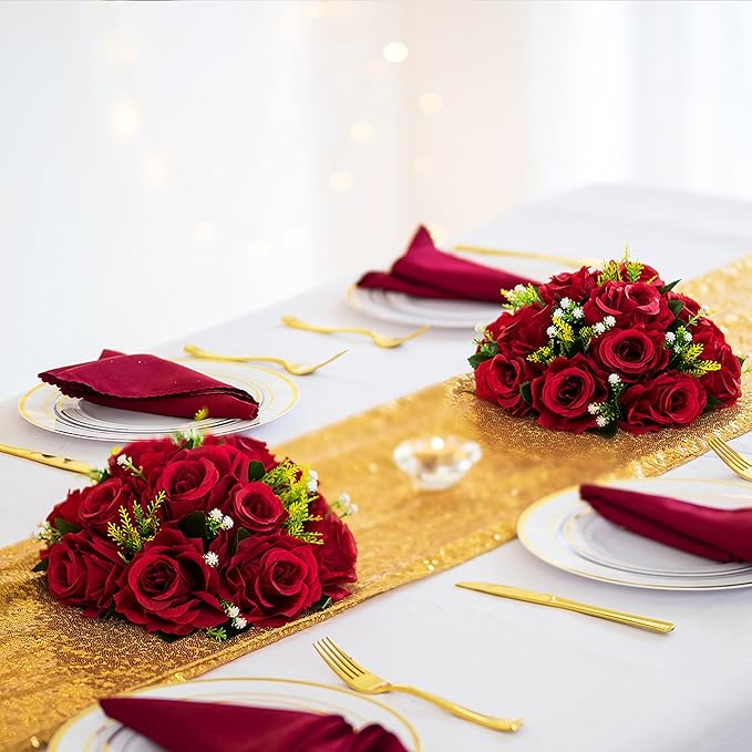 BLOSMON Flower Centerpieces for Tables Wedding: 10 Pcs Crimson Red Artificial Rose Flowers Balls Decoration - 9.5 Inch Fake Silk Kissing Floral Arrangement for Home Party Event DIY Decor