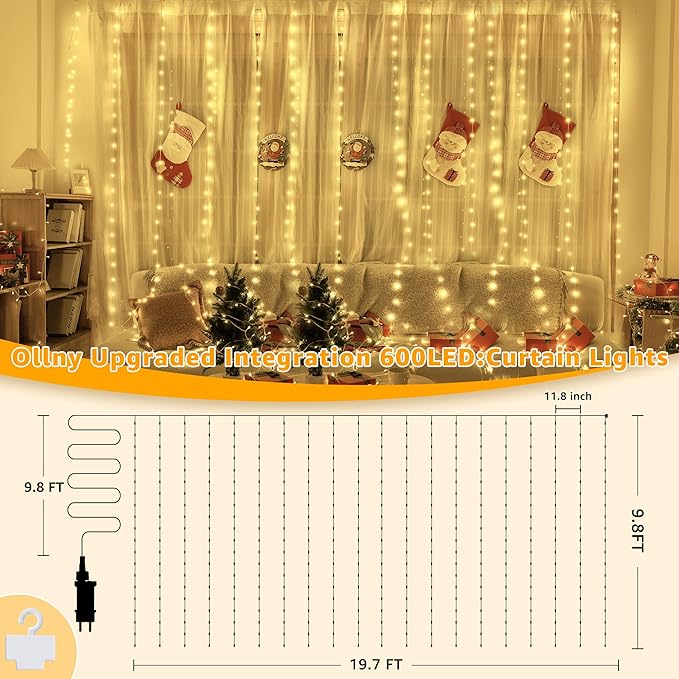 Ollny Curtain Lights 600LED 19.7ft x 9.8ft, IP67 Waterproof Outdoor Curtain Rice Lights with Remote, Plug-in Untangle Rice Curtain Light with 8 Modes 3 Timers for Wall Backdrop Decor(Warm White)